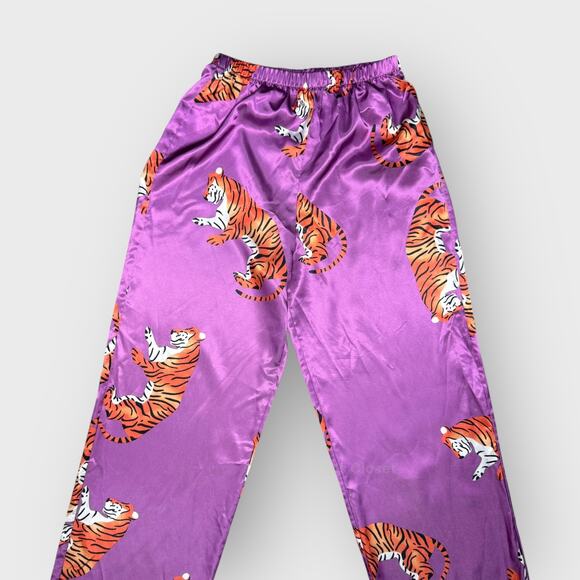 Nasty Gal Tiger Print Pajama Pant 2 Purple Satin Pull On Loungewear Vintage Glam - Picture 3 of 4